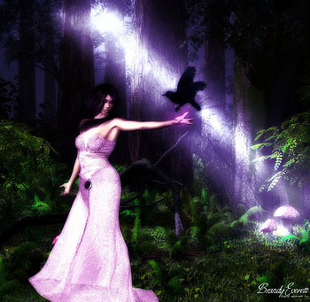 Magical Princess and Forest, bird, fantasy, light, trees, mushrooms, ferns, forest, woman HD wallpaper