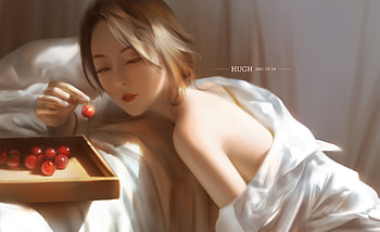 Cherry, art, asian, hugh, fruit, luminos, girl, berry, fantasy HD wallpaper
