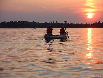 Sunset boat ride together, paddles, boat, rowboat, peaceful, people, lake, sunset HD wallpaper