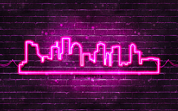 Houston purple neon silhouette, , purple neon lights, Houston skyline silhouette, green brickwall, american cities, neon skyline silhouettes, USA, Houston silhouette, Houston HD wallpaper