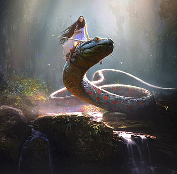 Snake rider, art, snake, fantasy, jose daniel cabrera pena amal, girl, rider, giant HD wallpaper