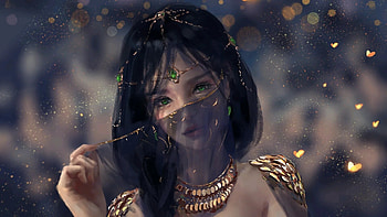 Princess, black, wlop, art, fantasy, face, veil, girl, jewel HD wallpaper