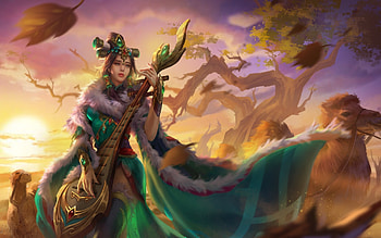 Autumn song, autumn, girl, leaf, frumusete, gorgeous, superb, instrument, fantasy, mali wang, yellow, green, luminos HD wallpaper