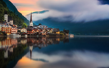 A Small Town with Cozy Houses, town, trees, sky, nature, houses, mountains, lake HD wallpaper
