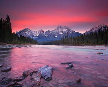 Rocky Mountain Sunset Alberta, river, shadow, mountain, rock, reflection, red, trees, sky, water, forest, sunset HD wallpaper