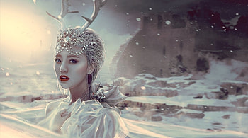 The last one of the North, winter, white, frumusete, horns, girl, north, darkcrea, the last one, fantasy, luminos HD wallpaper