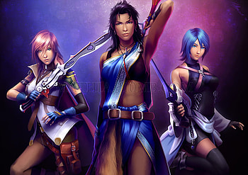 Lightning, Fang, Aqua, games, final fantasy xiii, necklace, lightning farron, ffxiii, trio, skirt, final fantasy 13, thigh highs, blue hair, aqua, gloves, pink hair, weapons, black hair, square enix, fang, lightning, swords, claire farron, video games, girls, ff13, belt, kingdom hearts, oerba yun fang HD wallpaper