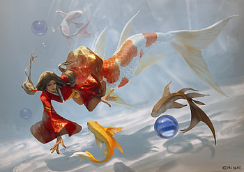 Mermaid, kevin glint, koi, pesti, underwater, fish, water, siren, vara, frumusete, art, gorgeous, girl, orange, summer, superb, fantasy, luminos HD wallpaper