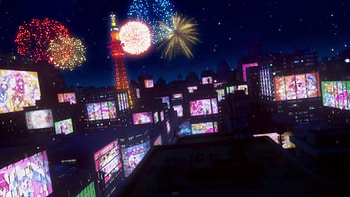 PreCure Night, night, pretty cure, scenery, tower, black dark, fireworks, magic, scene, city, magical girl, dark, precure, neon, anime, pretty, light, building, sky, screen HD wallpaper