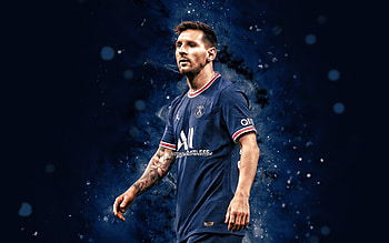 Lionel Messi Paris Saint-Germain, 2021, blue neon lights, PSG, Paris Saint-Germain, argentinian footballers, football stars, Leo Messi, football, Lionel Messi PSG, soccer, Messi, Ligue 1, Lionel Messi HD wallpaper