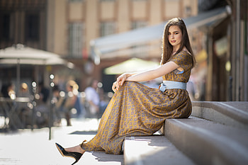Women Dress Bokeh Sitting Stilettos Model Stairs, women, girls, model HD wallpaper