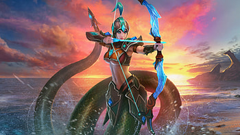 Naga Kertana, blue, snake, sea, archer, girl, orange, juggernaut wars, woman, fantasy, game, sunset HD wallpaper
