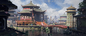 :), bridge, girl, gen shi, frumusete, asian, genshi, art, pink, fantasy, luminos, water HD wallpaper