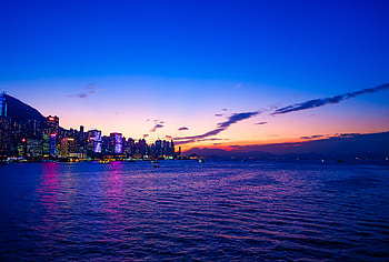 Cities, Sunset, Shore, Bank, Night City, Skyscrapers HD wallpaper