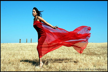WINDY DAY, wind, weat, field, sky, dress, woman HD wallpaper