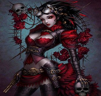 *Red Lady Mechanika*, roses, game, red roses, flowers, gun, weapons, skulls HD wallpaper