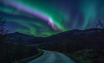 Colorful skies, night, Northern Lights, road HD wallpaper