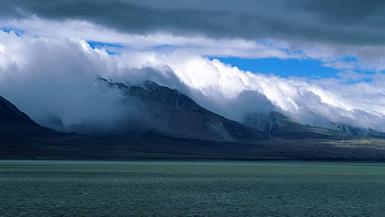 wonderful mountain scape, sea, clouds, barren, mountains HD wallpaper