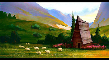 Farm, painting, art, animals, house, lamb HD wallpaper