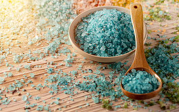 blue spa salt, wellness, spa accessories, sea salt, coarse turquoise salt, spoon with sea salt HD wallpaper