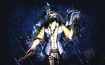 Hanzo, Insidious Tutor, Mobile Legends, blue stone background, grunge art, Hanzo ML, Mobile Legends characters, Hanzo Skin, Hanzo Mobile Legends, Hanzo Insidious Tutor Skin HD wallpaper