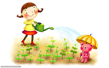 Girl at Garden Work, bear, plants, garden, girl, water HD wallpaper