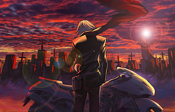 Anime boy, bike, sunset, graveyard HD wallpaper