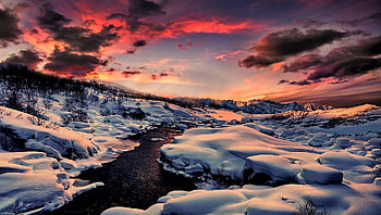 Mountain sunset, river, sky, snow, mountain HD wallpaper