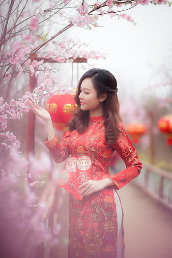 Woman in traditional red ao dai admires cherry blossoms in a serene outdoor setting. HD phone wallpaper