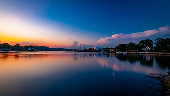 Nature, Sunset, Twilight, Moon, Lake, Dusk, Buildings HD wallpaper