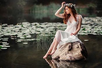 White Dress Girl Pond Side, girls, model HD wallpaper