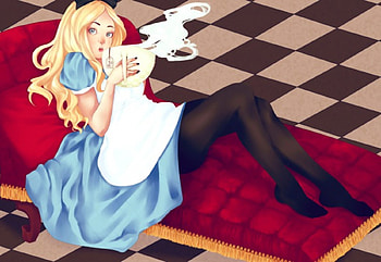 ~Drink Me~, tea, blonde, black tights, black and white tile, black bow, anime, alice, large tea cup, blue dress, wonderland, drink HD wallpaper