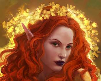 Pythia, art, girl, elf, orange, fantasy, yellow, face, anndr kusuriuri, redhead, luminos HD wallpaper
