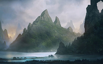 Mountain, paint, water, forest HD wallpaper