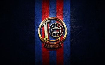 Leiknir FC, golden logo, Icelandic Football League, blue metal background, football, Icelandic football club, Leiknir Reykjavik logo, soccer, Leiknir Reykjavik HD wallpaper