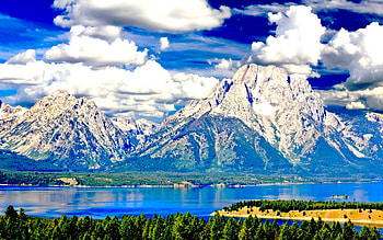 SNOW MOUNTAIN RIVER, river, clouds, sky, nature, mountains, forest HD wallpaper