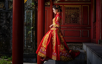 Beauty, model, asian, red, girl, bride, dress, woman HD wallpaper