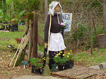 Welcome to my garden, scarecrow, brooms, garden, flowers, countryside HD wallpaper