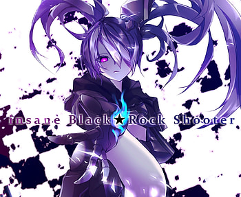 Insane Black★Rock Shooter, purple hair, long hair, purple eyes, hood, greaves, black rock shooter the game, checkered, text, twintail, black rock shooter, takka9294, star, anime, insane black rock shooter, armors, gauntlets, boots HD wallpaper
