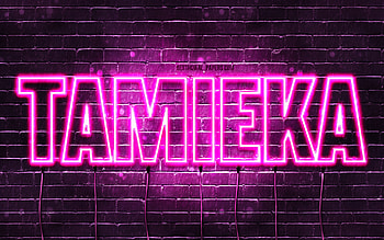 Happy Birtay Tamieka, , pink neon lights, Tamieka name, creative, Tamieka Happy Birtay, Tamieka Birtay, popular japanese female names, with Tamieka name, Tamieka HD wallpaper