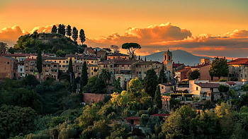 Village in Southern Alps, Italy, trees, landscape, clouds, sky, houses, sunset HD wallpaper