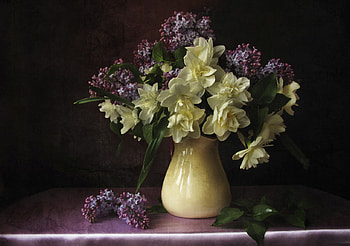 Still life, bouquet, graphy, kettle, beauty, nice, delicate, flower, , elegantly, beautiful, silk, pretty, cool, flowers, lovely, harmony, lilac HD wallpaper