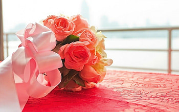 Beautiful bouquet, bouquet, flowers, ribbon, petals HD wallpaper