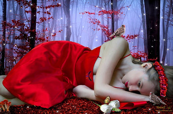 ~Red Love in Dreams~, emotional, colors, stars, digital art, background, lady, butterflies designs, pink rose, beautiful, mushrooms, creative pre-made, love four seasons, fantasy, love, manipulation, red, white rose, models, girls, lovely, hair HD wallpaper
