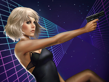 Tea with the Queen, blue, atomic blonde, black, Charlize Theron, tarivanima, girl, hand, purple, fantasy, comics, gun, luminos HD wallpaper