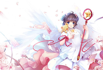 Card Captor Sakura, cute, ribbons, angel, dress, beauty, lady, petals, cherry blossom, female, wings, sweet, white, art, soft, girl, beautiful, woman, anime girl, pink, Kero, anime, pretty, red, lovely HD wallpaper