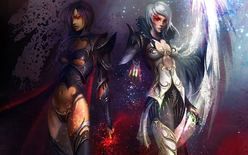 Black or white?, night, white, art, glitter, girl, angel, woman, cehenot, purple, pink, feather, fantasy, wing, light, red, game HD wallpaper