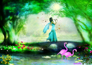 Enchanted Melody , Pond, Forest, Magical, Bridge, Trees, Flute, Fantasy, Fairy, Sunlight, Enchanted Melody, Flamingos, Flowers, Magic HD wallpaper