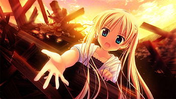 Akizuki Tsukasa, twintails, aqua eyes, cute, blonde hair, sunset, hand HD wallpaper