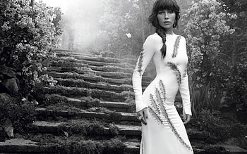 * Fairy of the garden *, beautiful girl, model, garden, jessica biel, grass, actress, park, fairy, stairs, white dress HD wallpaper